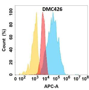 TSLP protein is highly expressed on the surface of Expi293 cell membrane Flow cytometry analysis with Anti-TSLP Chimeric Antibody [DMC426] - Azide free (A318746) on Expi293 cells transfected with human TSLP (blue histogram) or Expi293 transfected with irrelevant protein (red histogram)