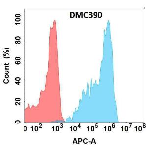 Flow cytometry analysis with Anti-FOLR2 Chimeric Antibody [DMC390] - Azide free (A318758) on Expi293 cells transfected with human FOLR2 (blue histogram) or Expi293 transfected with irrelevant protein (red histogram)