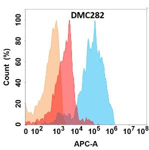 IL11RA protein is highly expressed on the surface of Expi293 cell membrane Flow cytometry analysis with Anti-IL-11RA Chimeric Antibody [DMC282] - Azide free (A318776) on Expi293 cells transfected with human IL11RA (blue histogram) or Expi293 transfected with irrelevant protein (red histogram)