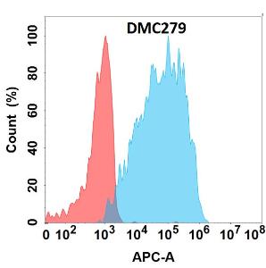 Flow cytometry analysis with Anti-Galectin 9/Gal-9 Chimeric Antibody [DMC279] - Azide free (A318779) on Expi293 cells transfected with human Galectin 9 (blue histogram) or Expi293 transfected with irrelevant protein (red histogram)