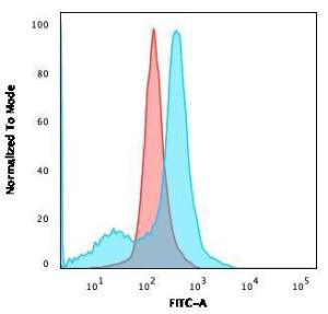 Flow cytometric analysis of U87MG cells using Anti-CD73 Antibody [NT5E/2503] followed by Goat Anti-Mouse IgG (CF&#174; 488) (Blue). Isotype Control (Red)