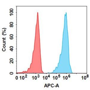 Flow cytometry analysis with Anti-PD-L1 Humanized Antibody [Durvalumab Biosimilar] - Azide free (A318821) at 1 µg/ml on Expi293 cells transfected with Human PDL1 protein (blue histogram) or Expi293 transfected with irrelevant protein (red histogram)