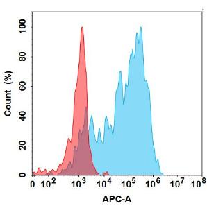 Flow cytometry analysis under cell membrane permeable condition with Anti-IL-17A Antibody [Secukinumab Biosimilar] - Azide free (A318834) at 1 µg/ml on Expi293 cells transfected with Human IL17A protein (blue histogram) or Expi293 transfected with irrelevant protein (red histogram)