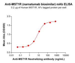 ELISA plates were pre-coated with 2 µg/ml (100 µl/well) Recombinant Human RON Protein (Fc Tag) (A317261) which can bind Anti-RON Antibody [Narnatumab Biosimilar] - Azide free (A318849) in a linear range of 0.73-46.88 µg/ml