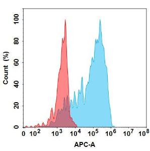 Flow cytometry analysis under cell membrane permeable condition with Anti-TSLP Antibody [Tezepelumab Biosimilar] - Azide free (A318855) at 1 µg/ml on Expi293 cells transfected with Human TSLP protein (blue histogram) or Expi293 transfected with irrelevant protein (red histogram)