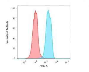 Flow cytometric analysis of PFA fixed permeabilised MCF-7 cells using Anti-FOXA1 Antibody [rFOXA1/1515] followed by Goat Anti-Mouse IgG (CF&#174; 488) (Blue). Isotype Control (Red).