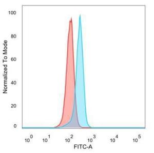 Flow cytometric analysis of PFA-fixed HeLa cells using Anti-ATF2 Antibody [PCRP-ATF2-1B4] followed by Goat Anti-Mouse IgG (CF and #174; 488) (Blue). Unstained cells (Red)