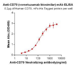 ELISA plate pre-coated by 2 µg/ml (100 µl/well) Recombinant Human CD70 Protein (Fc Tag & 6×His Tag) (A318368) can bind Anti-CD70 Antibody [Vorsetuzumab Biosimilar] - Azide free (A318951) in a linear range of 3.91-139.9 µg/ml