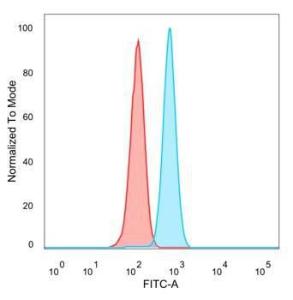 Flow cytometric analysis of PFA-fixed HeLa cells using Anti-AGO3 Antibody [PCRP-AGO3-1C5] followed by Goat Anti-Mouse IgG (CF&#174; 488) (Blue). Isotype Control (Red).