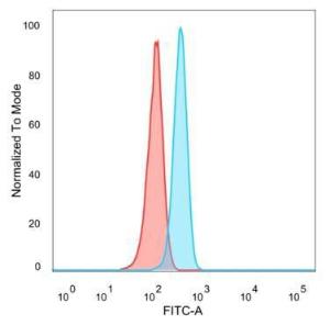 Flow cytometric analysis of PFA-fixed HeLa cells using Anti-FOXL1 Antibody [PCRP-FOXL1-1F8] followed by Goat Anti-Mouse IgG (CF&#174; 488) (Blue). Unstained cells (Red).