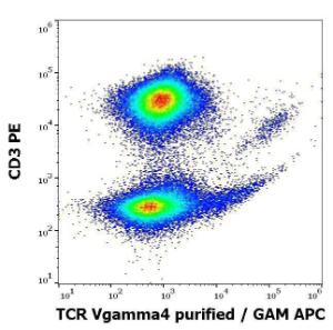 Flow cytometry multicolor surface staining of human lymphocytes stained using Anti-TCR V gamma 4 Antibody [4A11.904] (concentration in sample 4 µg/ml, GAM-APC) and Anti-CD3 Antibody [UCHT1] (PE) (10 µl reagent per 100 µl of peripheral whole blood)