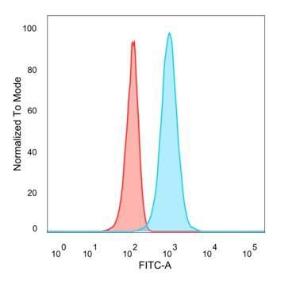 Flow cytometric analysis of PFA-fixed HeLa cells using Anti-HOXB2 Antibody [PCRP-HOXB2-1F2] followed by Goat Anti-Mouse IgG (CF&#174; 488) (Blue). Isotype Control (Red)