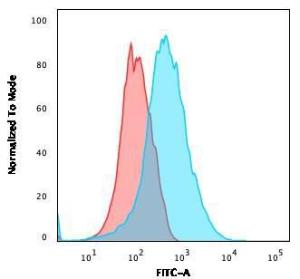 Flow cytometric analysis of Jurkat cells using Anti-CD31 Antibody [PECAM1/3540] followed by Goat Anti-Mouse IgG (CF&#174; 488) (Blue). Isotype Control (Red).