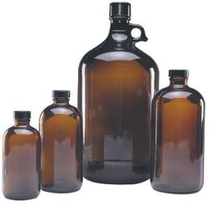 Bottles, narrow neck, glass, safety coated, amber, round