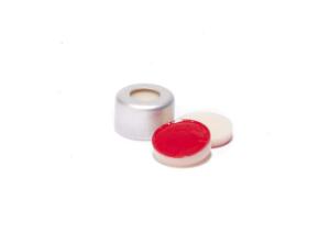 Crimp cap, ND8, open top, aluminium, silver, liner material: creme silicone/red ptfe, 1.5 mm, 50° shore a, high purity