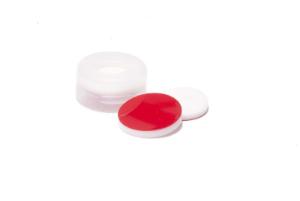 Snap cap, ND11, open top, polyethylene, transparent, liner material: white silicone/red PTFE, 1.3 mm, 45° shore a, high purity