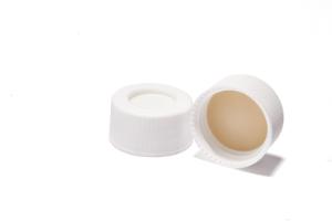 Screw cap, ND24, open top, polypropylene, white , liner material: white silicone/beige PTFE, 3.2 mm, 45° shore a, epa quality