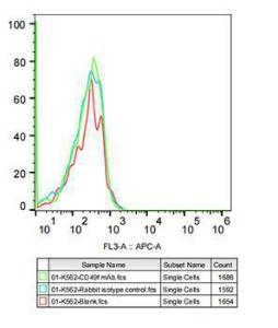 Flow cytometry analysis of K562 cells, stained with Rabbit IgG isotype control (10 µg/ml, blue line) or Anti-Integrin alpha 6 Antibody [ARC51523] (A306270), (10 µg/ml green line), followed by Alexa Fluor 647 conjugated goat anti-rabbit polyclonal Antibody (1:600 dilution) staining