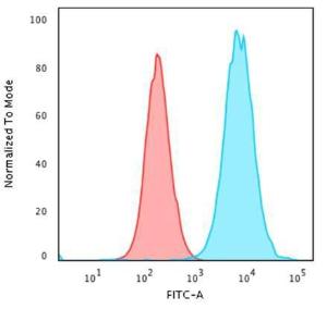 Flow cytometric analysis of PFA fixed HeLa cells using Anti-beta 2 Microglobulin Antibody [rB2M/961] followed by Goat Anti-Mouse IgG (CF&#174; 488) (Blue). Isotype Control (Red)