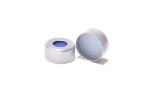 Crimp cap, ND11, open top, aluminium, silver, liner material: dark blue silicone/white PTFE, 1,3 mm, 45° shore A