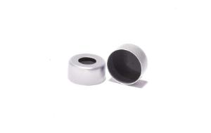 Crimp cap, ND11, open top, aluminium, silver, liner material: viton 1A black, 1,0 mm, 70° shore A