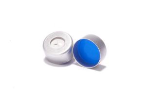 Crimp cap, ND11, open top, aluminium, silver, liner material: white silicone/blue PTFE , 1,5 mm, 55° shore A, cross-slitted