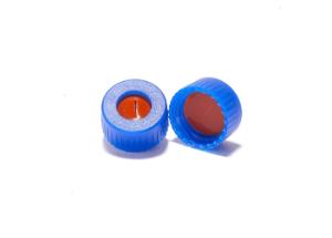 Screw cap, ND9, short thread, open top, polypropylene, blue, liner material: red-orange natural rubber/transparent TEF, 1,0 mm, 60° shore A