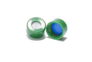 Screw cap, ND9, short thread, open top, polypropylene, green, liner material: white silicone/blue PTFE , 1,0 mm, 55° shore A, slitted