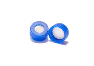 Screw cap, ND9, short thread, open top, polypropylene, blue, liner material: beige silicone/white PTFE, 1,3 mm, 45° shore A, slitted, boNDed