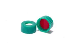 Screw cap, ND9, short thread, open top, polypropylene, green, liner material: white silicone/red PTFE, 1,0 mm, 55° shore A, high purity