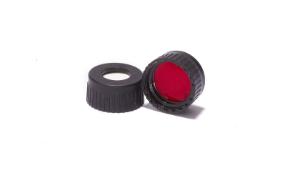 Screw cap, ND9, short thread, open top, polypropylene, black, liner material: white silicone/red PTFE, 1,0 mm, 55° shore A, high purity