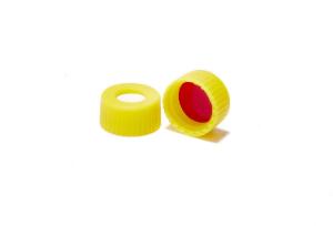 Screw cap, ND9, short thread, open top, polypropylene, yellow, liner material: white silicone/red PTFE, 1,0 mm, 55° shore A, high purity