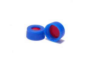 Screw cap, ND9, short thread, open top, polypropylene, blue, liner material: red PTFE/white silicone/red PTFE, 1,0 mm, 45° shore A