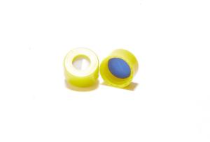 Screw cap, ND9, short thread, open top, polypropylene, yellow, liner material: white silicone/blue PTFE , 1,0 mm, 55° shore A, slitted