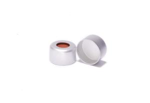 Crimp cap, ND8, open top, aluminium, silver, liner material: red rubber/beige PTFE, 1,0 mm, 45°  shore A