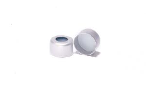 Crimp cap, ND8, open top, aluminium, silver, liner material: transparent blue silicone/white PTFE, 1,3 mm, 45° shore A