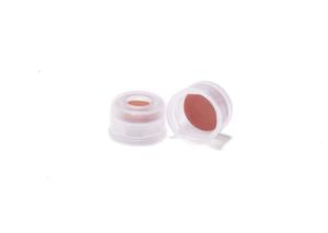 Snap cap, push on, for 8 mm Crimp neck, 9 x 5,9 mm, polyethylene, transparent, liner material:red-orange natural rubber/transparent TEF, 1,3 mm, 60° shore A