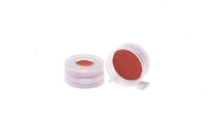 Snap cap, ND11, open top, polyethylene, transparent, liner material: red-orange natural rubber/transparent TEF, 1,0 mm, 60° shore A