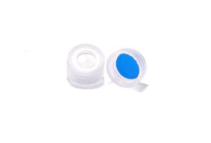 Screw cap, ND9, short thread, open top, polypropylene, transparent, liner material: white silicone/blue PTFE , 1,0 mm, 55° shore A, slitted