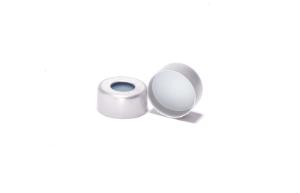 Crimp cap, ND11, open top, aluminium, silver, liner material: transparent blue silicone/white PTFE, 1,3 mm, 45° shore A