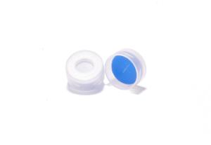 Snap cap, ND11, open top, polyethylene, transparent, liner material: white silicone/blue PTFE , 1,0 mm, 55° shore A