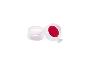 Screw cap, ND9, short thread, open top, polypropylene, transparent, liner material: white silicone/red PTFE, 1,0 mm, high purity