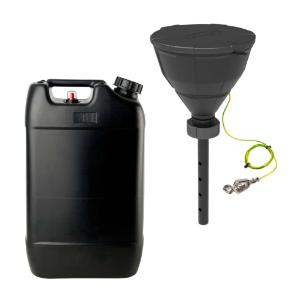 Waste Disposal-Set 4: Funnel with ball "Arnold", V2.0, S60/61, PE-HD electrostatic conductive, with lance (220 mm), splash guard, removable sieve and earthing cable (317621), 20 L canister, S60/61, with floater, PE-HD electrostatic conductive (108043)