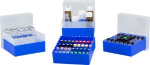 Vial container, maximum diameter 15 mm, 49 position with lid and divider, stackable