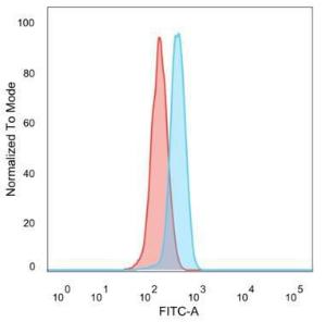 Flow cytometric analysis of PFA-fixed HeLa cells using Anti-UBR2 Antibody [PCRP-UBR2-1D12] followed by Goat Anti-Mouse IgG (CF&#174; 488) (Blue). Isotype Control (Red).