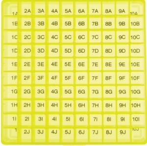 Microtube storage box, 100-well, yellow, alphanumeric