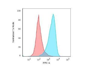 Flow cytometric analysis of paraformaldehyde fixed Raji cells using Anti-CD45RB Antibody [PTPRC/2877R] followed by Goat Anti-Rabbit IgG (CF&#174; 488) (Blue). Isotype Control (Red)