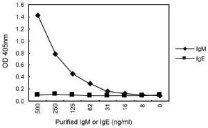 Sandwich ELISA for purified IgM using KT16 coated plate and HRP conjugated KT38