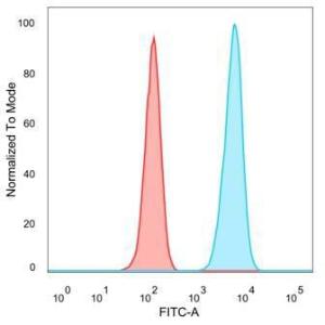 Flow cytometric analysis of PFA-fixed HeLa cells using Anti-PBX1 Antibody [PCRP-PBX1-3C8] followed by Goat Anti-Mouse IgG (CF&#174; 488) (Blue). Isotype Control (Red)