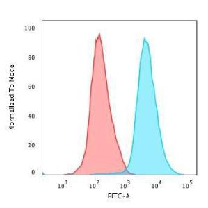 Flow cytometric analysis of PFA fixed Jurkat cells using Anti-CD45 Antibody [Bra55] followed by Goat Anti-Mouse IgG (CF&#174; 488) (Blue). Isotype Control (Red)